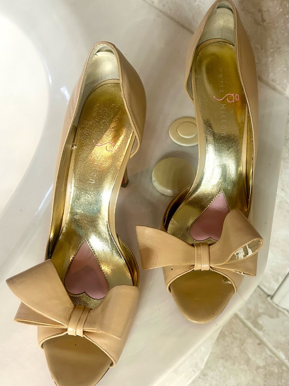 Paris Hilton Peach Bow Peep-Toe Heels